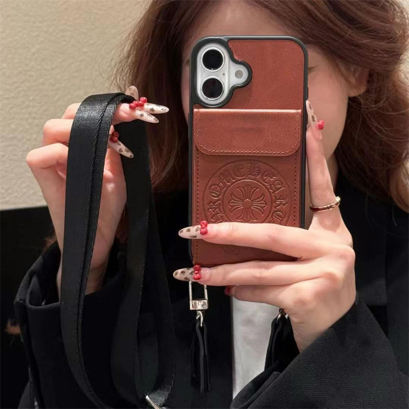 Iphone 16シリーズ 即納 芸能人愛用 Chrome Hearts クロムハーツ Iphone16 15 14 13携帯ケース ショルダーストラップ付き カードポケット付き 革製